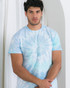 A tie-dye adult t-shirt in light blue hues, featuring a circular pattern. The shirt has a logo on it.