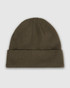 A green watch cap with a rolled cuff, featuring a simple design and a logo.