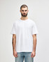A midweight adult t-shirt in white with a logo, featuring a classic crew neck and short sleeves.