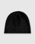 A black knit beanie with a simple design and a logo on it, suitable for headwear.