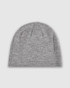 A black knitted beanie with a simple design and a logo. Suitable for casual wear.