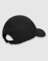 A black cap with a structured shape and an adjustable strap at the back. It features a logo.