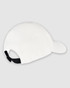 A white cap with a curved brim and an adjustable strap at the back, featuring stitched detailing.