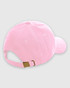 A pink dad cap featuring a curved brim and an adjustable strap at the back, along with a logo.