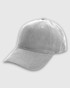 A grey dad cap featuring a rounded crown and a curved brim, with visible stitching and eyelets for ventilation.