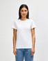 A white midweight t-shirt for ladies, featuring a classic fit and short sleeves. The model is wearing jeans.