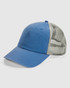 A blue trucker cap with a grey mesh back and a simple logo on the front.
