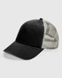 A black washed trucker cap with a mesh back and a curved brim. It features a logo on the front.