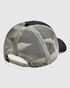 A black and light grey trucker cap with a mesh back and an adjustable strap. It features a logo on the front.