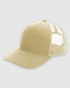 A structured beige trucker cap with a mesh back and a solid front panel. It features a logo on the front.