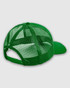A green trucker cap featuring a structured front and mesh back, complete with an adjustable strap and a logo.