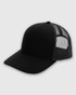 A black structured trucker cap featuring a mesh back and a curved peak, with a logo on the front.