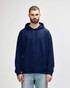 A navy adult hooded sweatshirt with a front pocket and a drawstring hood. It features a logo.
