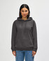 A hooded sweatshirt in khaki green, featuring a front pocket and a logo, worn by a model.