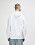 A white hooded sweatshirt featuring a back view, showing a female model adjusting the hood.