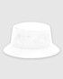 A white bucket hat featuring a simple design and branded logo, made for youth headwear.