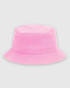 A pink bucket hat featuring a soft fabric and a logo. Ideal for headwear collection.