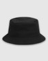 A black bucket hat featuring a wide brim and a logo on the side. Suitable for casual wear.