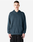 A unisex hooded sweatshirt in a deep blue colour, featuring a front pocket and a logo on the chest.