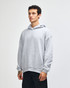 A grey unisex hooded sweatshirt with a kangaroo pocket and long sleeves, featuring a logo.