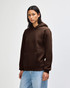 A unisex hooded sweatshirt in deep brown with a front pocket and a logo on the chest.