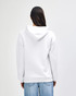 A unisex hooded sweatshirt in white, featuring a spacious hood and a back view of a model. It includes a logo.