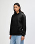 A unisex hooded sweatshirt in black with a kangaroo pocket and a branded logo.