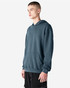 A unisex hooded sweatshirt in a dark blue colour, featuring a front pocket and a logo on the garment.