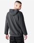 A unisex hooded sweatshirt in dark grey, featuring a relaxed fit and a hood at the back.