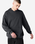 A unisex hooded sweatshirt in dark grey with a relaxed fit and front pocket, featuring a logo.