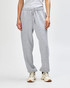 Grey unisex sweatpants with an elastic waistband and cuffs, featuring side pockets and a logo.