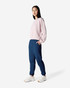 Unisex navy sweatpants paired with a light pink sweatshirt, featuring a logo on the pants.