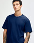 A navy blue unisex short sleeve T-shirt with a relaxed fit, featuring a logo on the side.