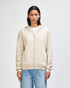 A unisex full zip hooded sweatshirt in a light beige colour with a hood and front zip, featuring a logo.