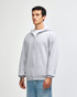 A unisex full zip hooded sweatshirt in light grey, featuring a relaxed fit and pockets, with visible branding.