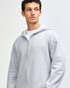 A unisex full zip hooded sweatshirt in grey, featuring a logo and paired with light blue jeans.