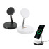 A 2-in-1 wireless charger in black and white, featuring a stand for a phone and an additional space for earbuds.