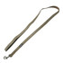 A detailed woven dog leash in earthy tones of brown and beige, featuring a metal clip and a logo.