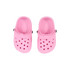 Pink pet clog slides with ventilation holes, featuring a logo on the side.