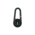 A black carabiner with a built-in compass and thermometer, featuring red and green directional markings.