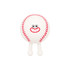 A white squishy stress relief sport ball with red stitching and a smiling face, featuring two small feet.