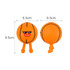 An orange squishy stress relief sport ball with feet, featuring a smiling face and sunglasses, dimensions displayed.