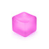 A pink squishy stress relief cube with smooth edges, featuring a glossy finish. It includes a logo on one side.