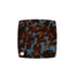 A square acetate vanity mirror in brown and blue patterns, featuring a circular logo in one corner.