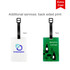 Acrylic luggage tags in white and green, featuring black straps and a logo on one tag.