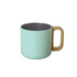 A drink bottle featuring a mint green exterior, stainless steel interior, and a wooden handle. It also has a logo.