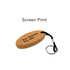 An oval cork keyring with a black strap and metal keyring attachment, featuring a logo on one side.
