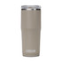 A drink bottle in a light brown shade with a clear lid and a logo.