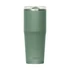 A drink bottle in a muted green colour with a stainless steel finish and a transparent lid, featuring a logo.