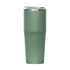 A drink bottle with a sleek design, featuring a matte green finish and a stainless steel top. It has a logo.